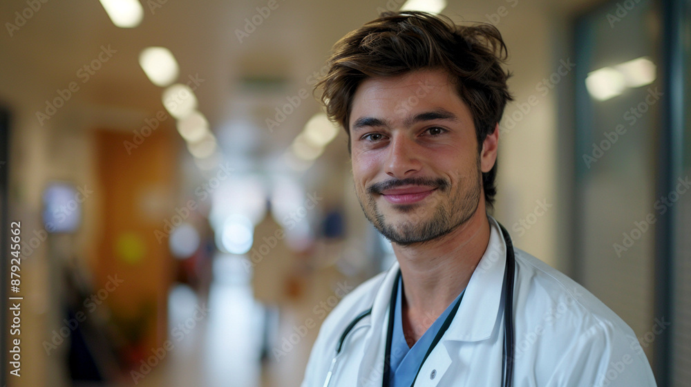 Confident Doctor in Hospital Corridor with Stethoscope Confident Doctor in Hospital Corridor with Stethoscope