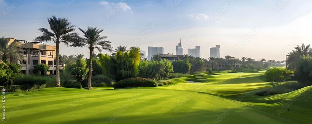 Fototapeta premium Luxurious Golf Course with Manicured Greens and Lush Palms near Upscale City Skyline