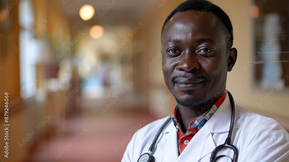 Confident Doctor in Hospital Corridor with Stethoscope Confident Doctor in Hospital Corridor with Stethoscope