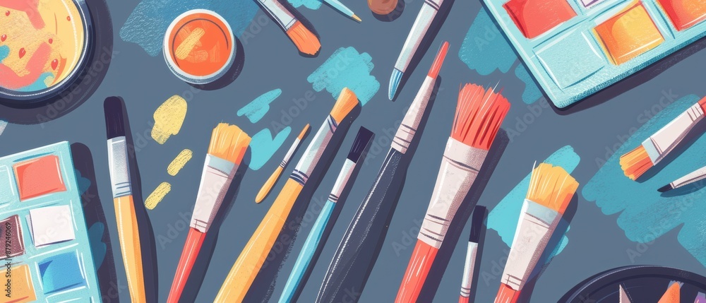 A painting supplies table with a variety of colors and brushes A painting supplies table with a variety of colors and brushes