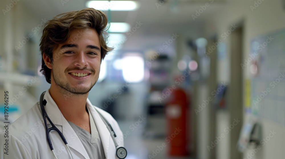 Confident Doctor in Hospital Corridor with Stethoscope Confident Doctor in Hospital Corridor with Stethoscope