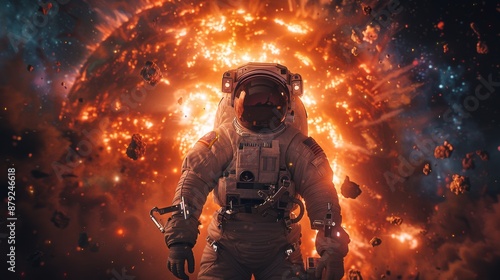 astronauts from a spaceship watch through the porthole as the planet explodes in the distanse 