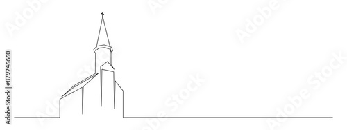 One continuous line drawing of church building with chapel. Catholic and christian house symbol in simple linear style. Vintage religion cathedral in editable stroke. Monoline vector illustration