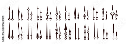 Vintage clock hands set. Antique watch pointer, old retro style design. Hour, minute, second arrows, analog black pointers, long and short. Flat vector illustration isolated on white background