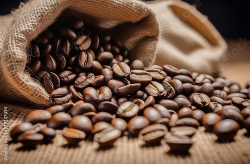 freshly roasted coffee beans in natural jute bags. the aroma and texture of coffee beans. coffee making technologies