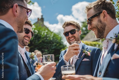 The groom and his groomsmen sharing a toast, with genuine smiles and laughter under a sunny sky