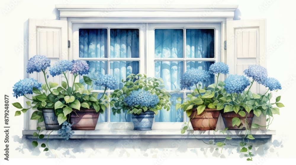 A window with blue shutters and potted flowers A window with blue shutters and potted flowers