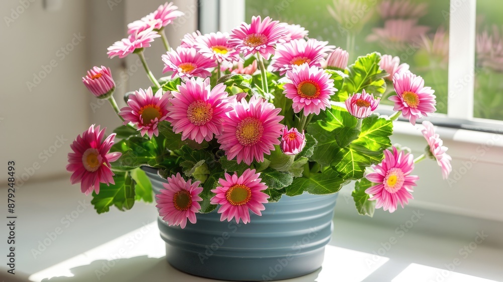 English daisies in a pot pink blooms on light background with shadow Bellasima rose greeting card vibrant magenta color Home plants on windowsill English daisies in a pot pink blooms on light background with shadow Bellasima rose greeting card vibrant magenta color Home plants on windowsill