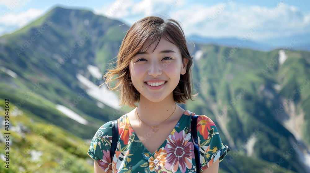 夏山を楽しむ若い女性 夏山を楽しむ若い女性