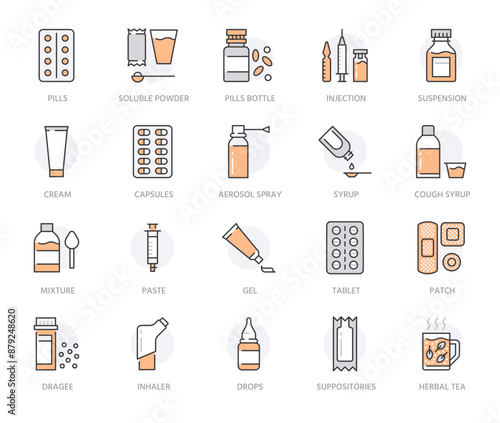 Medicines, dosage forms line icons. Pharmacy medicaments, tablet, capsules, pills, antibiotics, vitamins, painkillers, aerosol spray. Health care signs for drug store. Orange color Editable stroke
