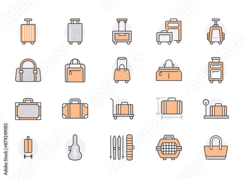 Luggage flat line icons. Carry-on, hardside suitcases, wheeled bags, pet carrier, travel backpack. Baggage dimensions and weight thin linear signs. Orange color. Editable stroke