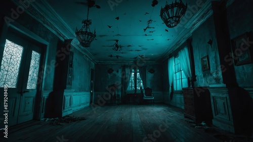Fototapeta kuchenna haunted house interior with teal lighting background
