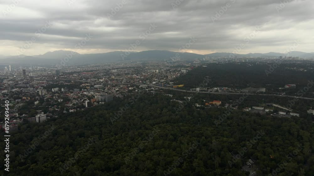 Chapultepec park in Mexico City, wide landscape aerial drone, cloudy afternoon Chapultepec park in Mexico City, wide landscape aerial drone, cloudy afternoon