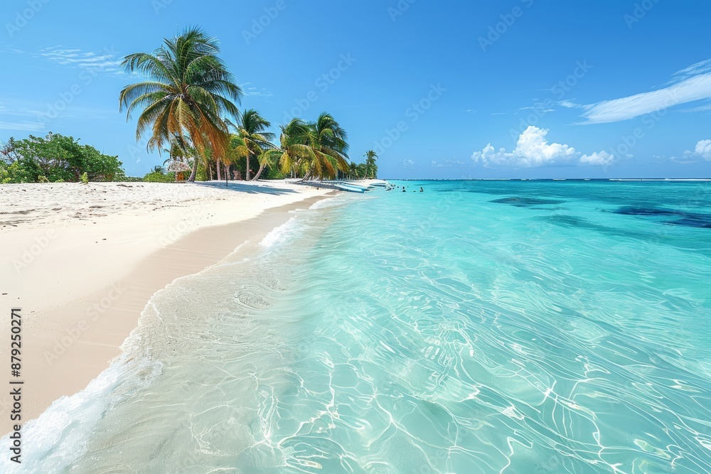 Fototapeta premium Tranquil Tropical Beach Scene With Palm Trees and Crystal Clear Water on a Sunny Day