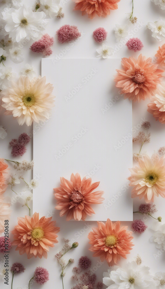 Vertical top view blank card with flowers Abstract organic flowers Blooming floral on white backgrou Vertical top view blank card with flowers Abstract organic flowers Blooming floral on white backgrou