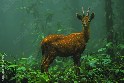 A saola (Asian unicorn) standing in a misty rainforest, its long, straight horns and unique markings clearly visible. 