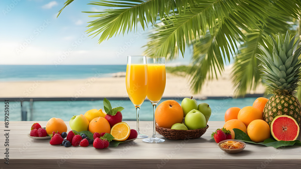Fresh fruit and juice on a table with a view of the beach, and palm leaves, hyperrealistic, photorealistic, ai Fresh fruit and juice on a table with a view of the beach, and palm leaves, hyperrealistic, photorealistic, ai