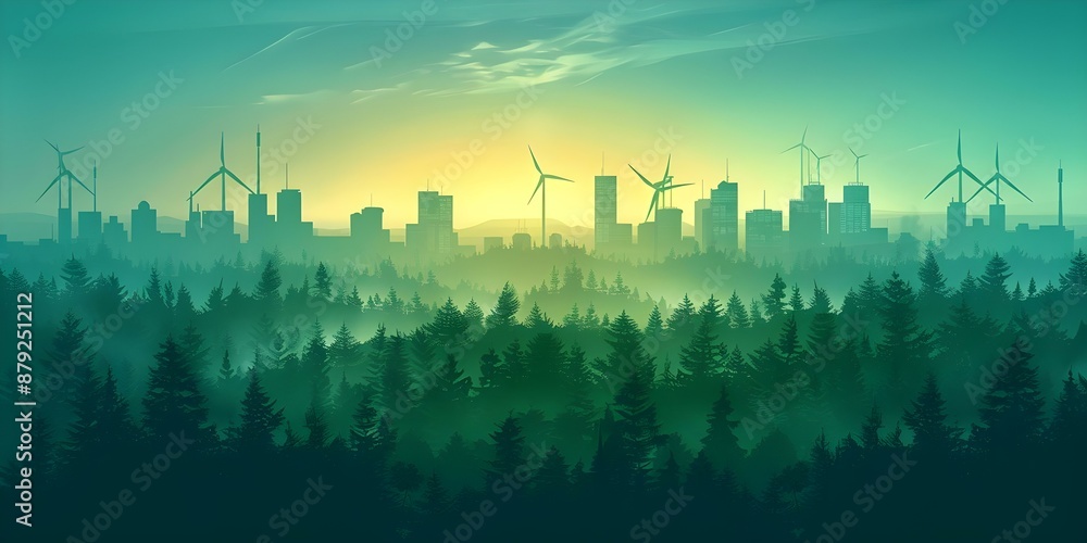 Illustration of a green cityscape with wind turbines and forest silhouette. Concept Environment, Sustainability, Urban Development, Renewable Energy, Nature Conservation Illustration of a green cityscape with wind turbines and forest silhouette. Concept Environment, Sustainability, Urban Development, Renewable Energy, Nature Conservation