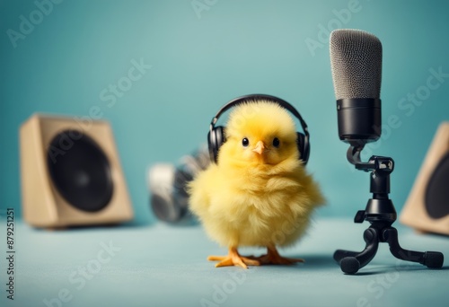 concept yellow olated cute baby animals chick microphone speaking adphones podcast square singing crazy fluffy stand podcasting background blue classic mic vintage silver photo