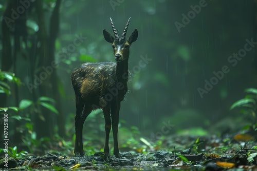 A saola (Asian unicorn) standing in a misty rainforest, its long, straight horns and unique markings clearly visible.  photo