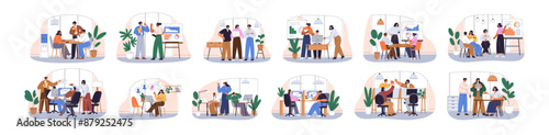 Team, group work. Teamwork in office. Colleagues collaboration, meeting, professional ideas discussion. Business communication, brainstorming. Flat vector illustration set isolated on white background