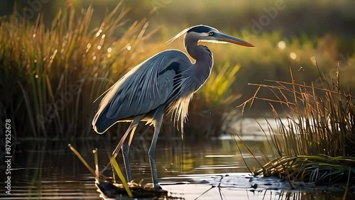 Wildlife Landscapes Animation. Majestic Great Blue Herons Standing in Marsh. Reflections in Water, Reeds, and Sky. Discover the Majesty of the Great Blue Heron in This Dynamic Video. photo