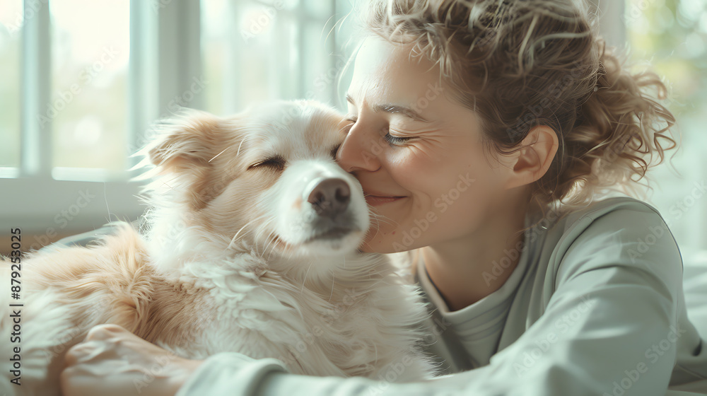 A touching depiction of tranquility and joy, featuring a happy woman and her sleepy loyal dog in a cozy embrace at home. Reflects the gentle, and heartwarming bond of true friendship and relaxation. A touching depiction of tranquility and joy, featuring a happy woman and her sleepy loyal dog in a cozy embrace at home. Reflects the gentle, and heartwarming bond of true friendship and relaxation.