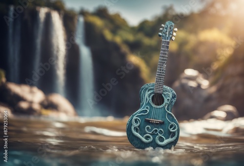 an set strings waterfalls design octopus mythical shirt lands realm intertwined cascading lyre t ancient s tentacles floating guitar graphic tattoo underwater aquatic art cartoon photo