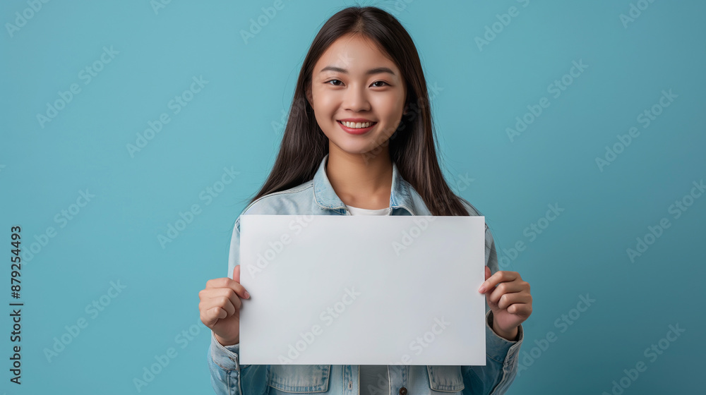 Asian girl standing smiling holding a white sign on a blue background. Asian girl standing smiling holding a white sign on a blue background.