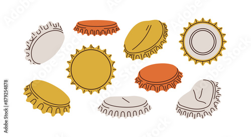 Bottle caps set. Metal beer lids, corks and soda drink plugs in different positions, views, angles. Round crowned bottlecaps, covers, taps. Flat vector illustrations isolated on white background