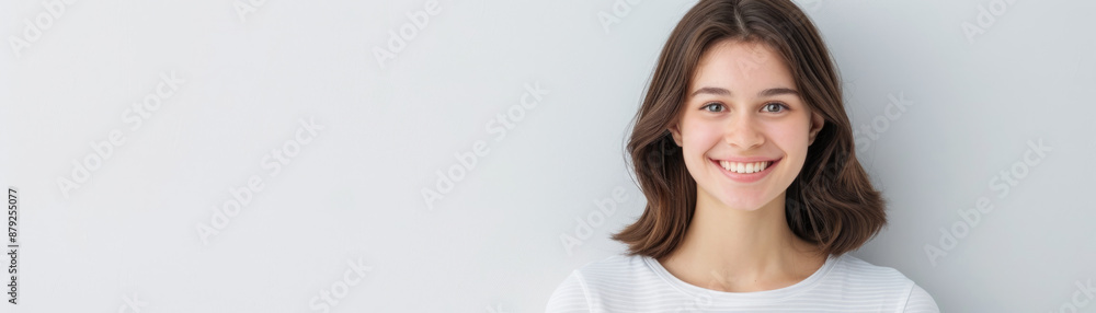 Cheerful woman in casual attire with a radiant smile on a solid white background. Cheerful woman in casual attire with a radiant smile on a solid white background.