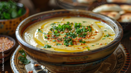 Enjoy the flavors of Azerbaijan with this traditional vegetarian dish. Creamy yellow lentil soup, known as Mercimek, is a hearty meal perfect for Ramadan or any occasion. photo