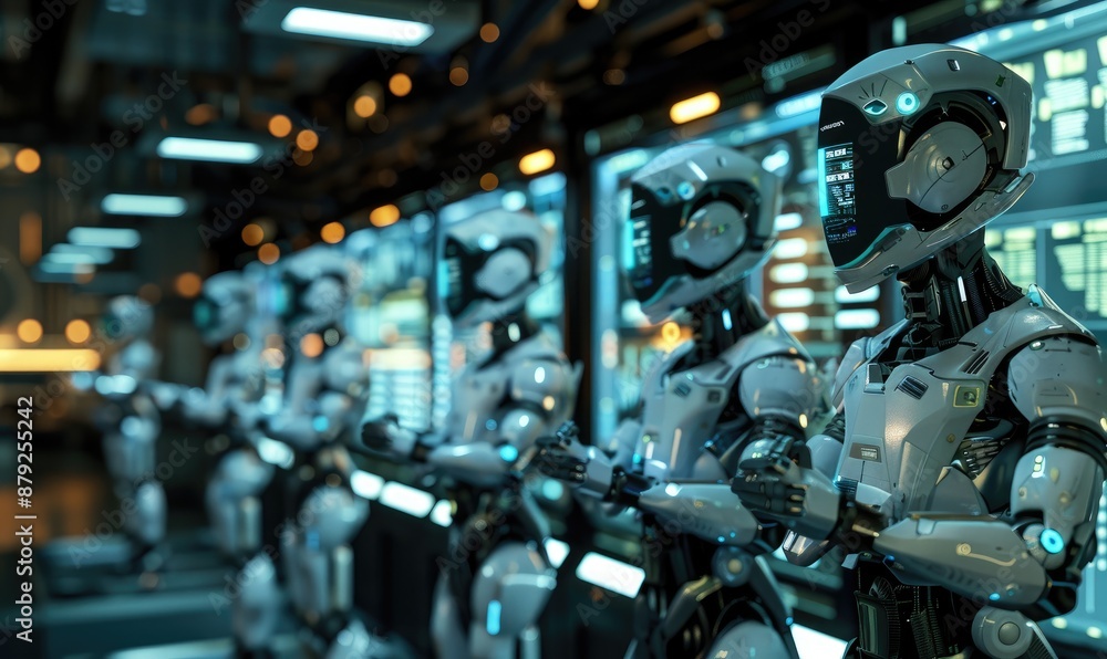 Fototapeta premium Conceptual image showing advanced robots within a futuristic setting, possibly representing AI and technology.