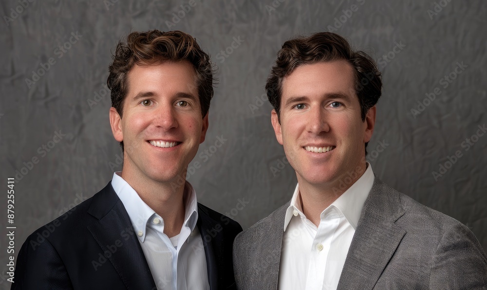Two identical twin men pose in professional attire against a neutral background looking similar and composed. Two identical twin men pose in professional attire against a neutral background looking similar and composed.