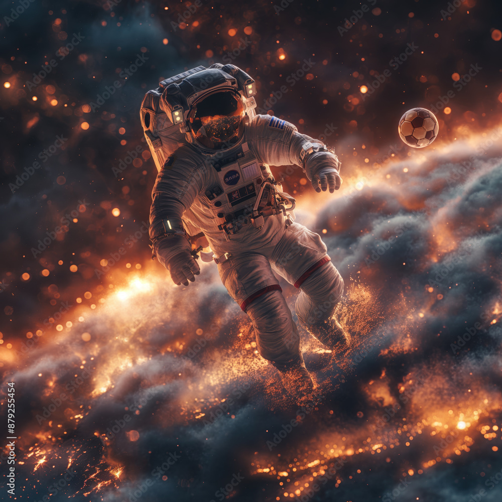 Astronaut im Weltraum spielt Fußball Astronaut im Weltraum spielt Fußball