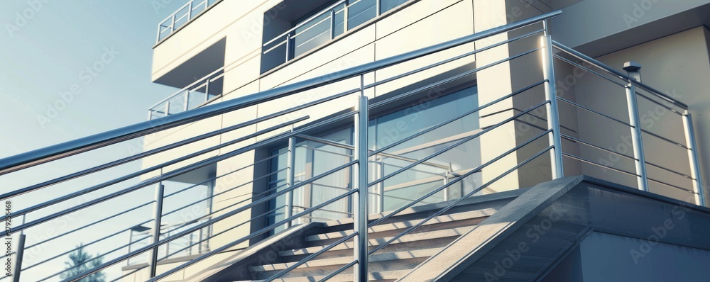 Fototapeta premium Close-up of a stainless steel railing on a modern balcony, with selective focus and blurred background.