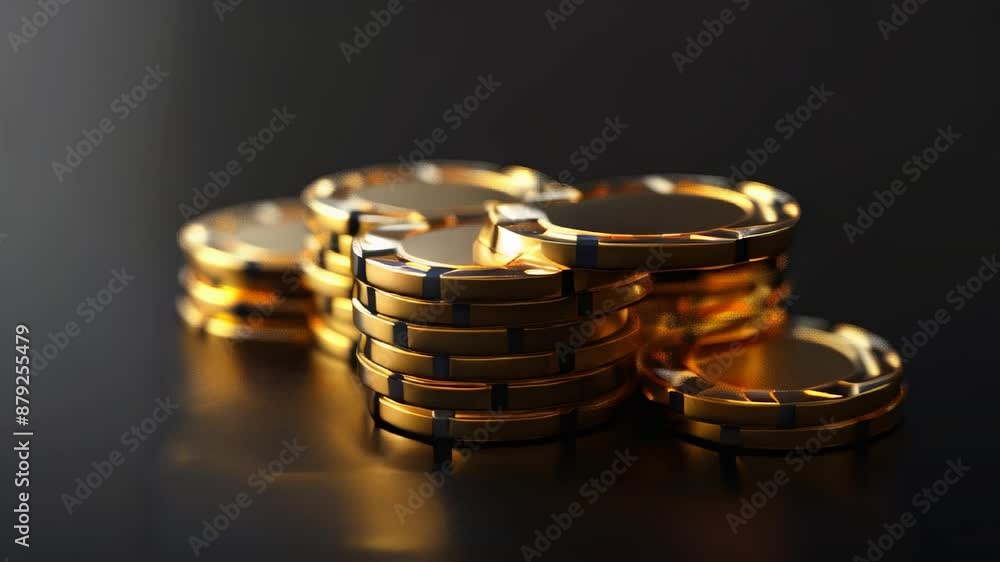 Slow motion video, zooming at of stacked gold casino tokens on dark background Slow motion video, zooming at of stacked gold casino tokens on dark background