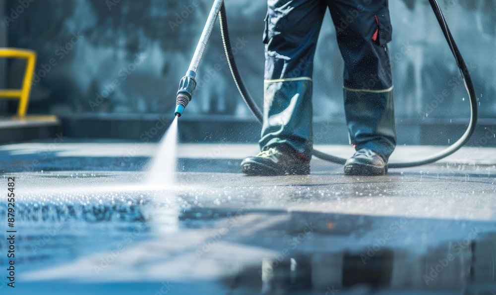 Obraz premium A person in protective gear using a high-pressure washer to clean a concrete driveway.