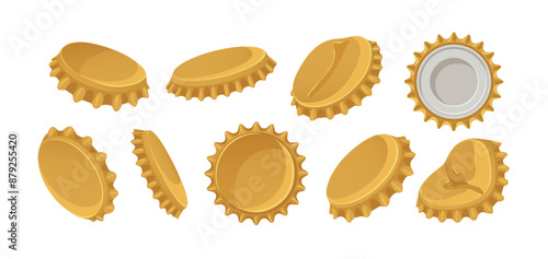 Metal bottle caps set. Beer bottlecaps, crowned corks from different sides, positions. Golden lids, circle covers, soda and alcohol plugs. Flat graphic vector illustration isolated on white background