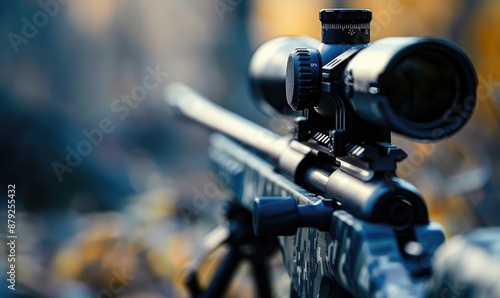 A detailed image of a precision rifle with a scope lying on a bed of fallen autumn leaves, with a blurred forest background.