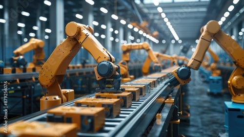 A factory with robots working on a conveyor belt