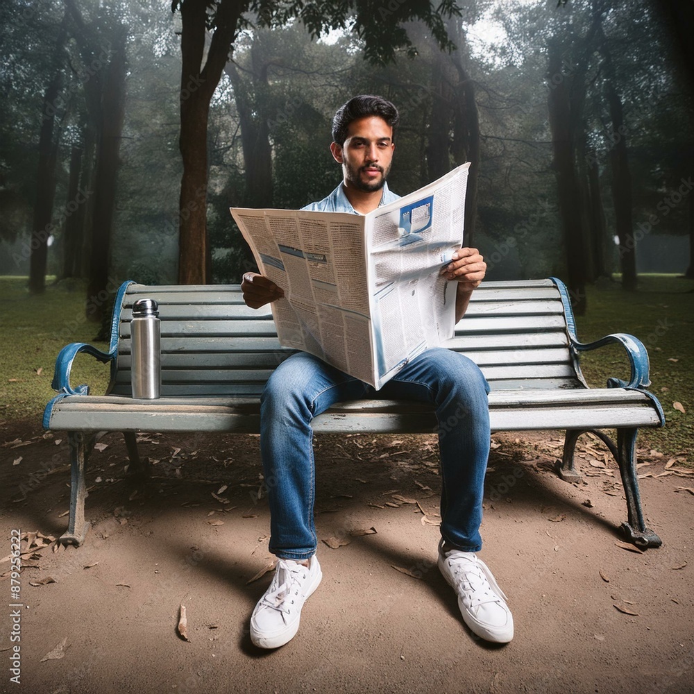 A park bench with a person reading a newspaper and a water bottle beside them. A park bench with a person reading a newspaper and a water bottle beside them.