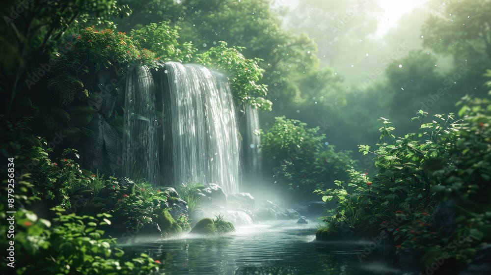 Defocused waterfall in lush green forest Defocused waterfall in lush green forest