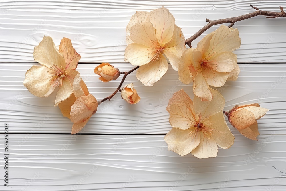 Delicate beige magnolia flowers on a whitewashed wooden Delicate beige magnolia flowers on a whitewashed wooden