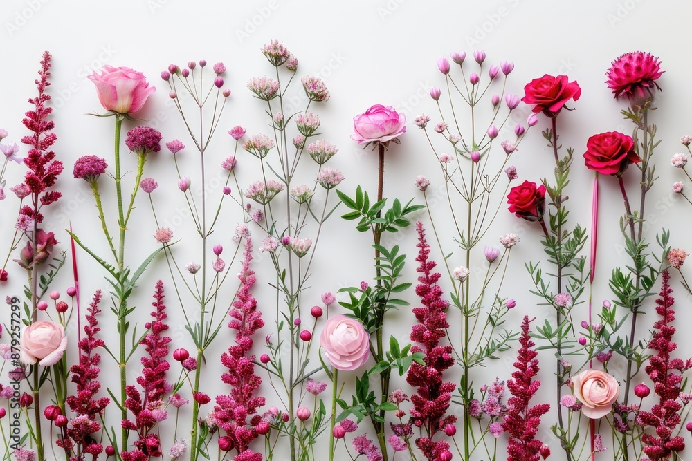 Pink and red flowers and plants arranged in a row on a white Pink and red flowers and plants arranged in a row on a white