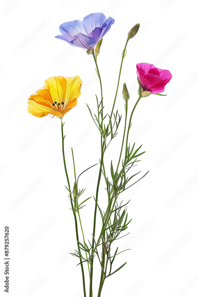 Obraz premium A stunning display of delicate wildflowers with yellow, pink, and purple blooms arranged beautifully against a white background, representing serenity and natural elegance.