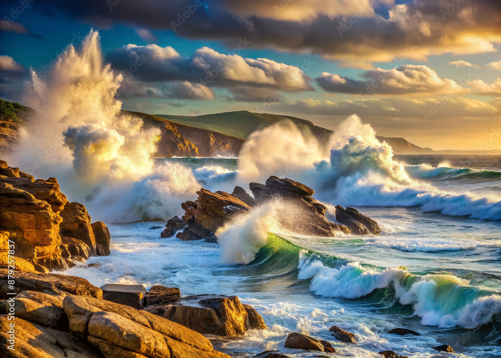 Fototapeta premium Powerful ocean waves crash against rugged rocks on a scenic beach during a dramatic afternoon with foamy surf and misty sea spray filling the air.