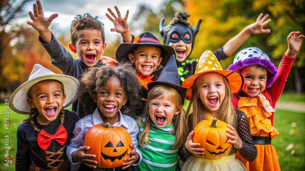 Child in Halloween costume. Mixed race kids trick or treat on street. Little boy and girl with pumpkin lantern and candy bucket. Baby in witch hat. Autumn holiday fun.