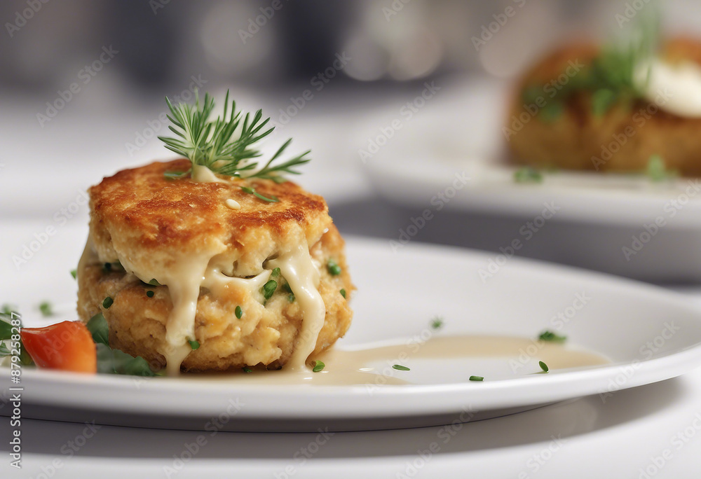 golden crab cakes with remoulade sauce served on a stylish white plate, ad shot golden crab cakes with remoulade sauce served on a stylish white plate, ad shot