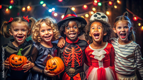 Child in Halloween costume. Mixed race kids trick or treat. Little boy and girl with pumpkin lantern and candy bucket. Baby in witch hat. Autumn holiday fun.